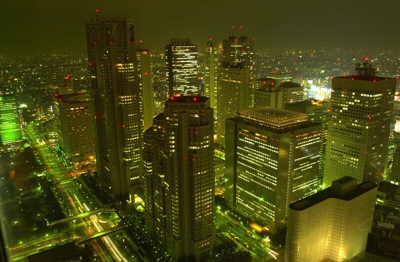 Nighttime City Skyline — Green, Urban