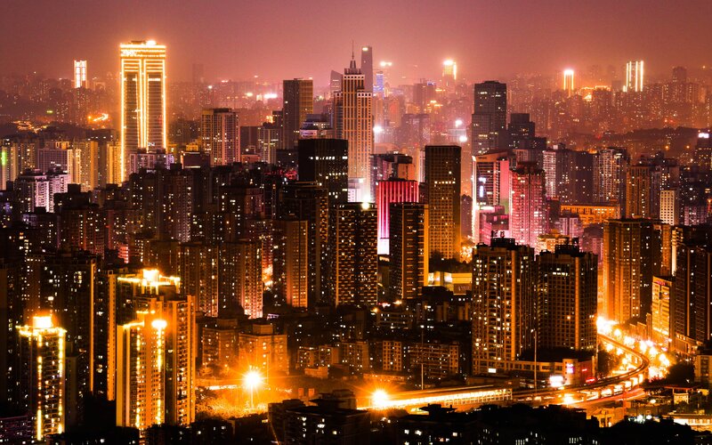 Nighttime City Skyline — Orange, Dramatic, Night, Photograph, Skyscrapers, Buildings