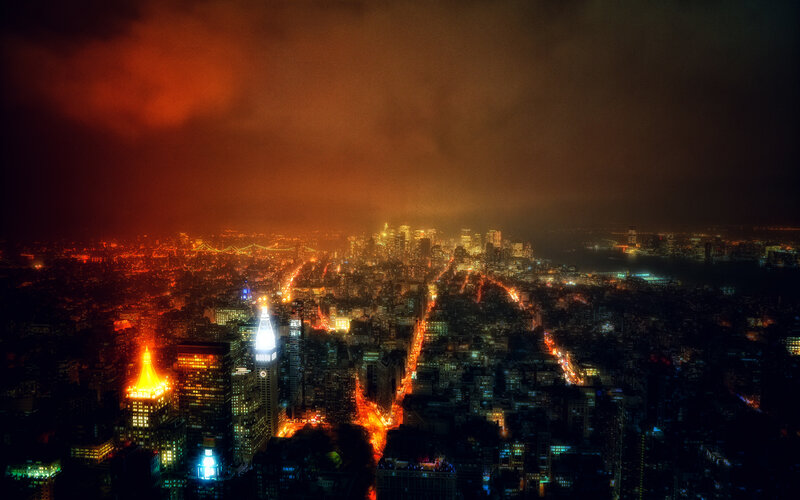 Nighttime City Skyline — Orange, Dramatic, Night, Photograph