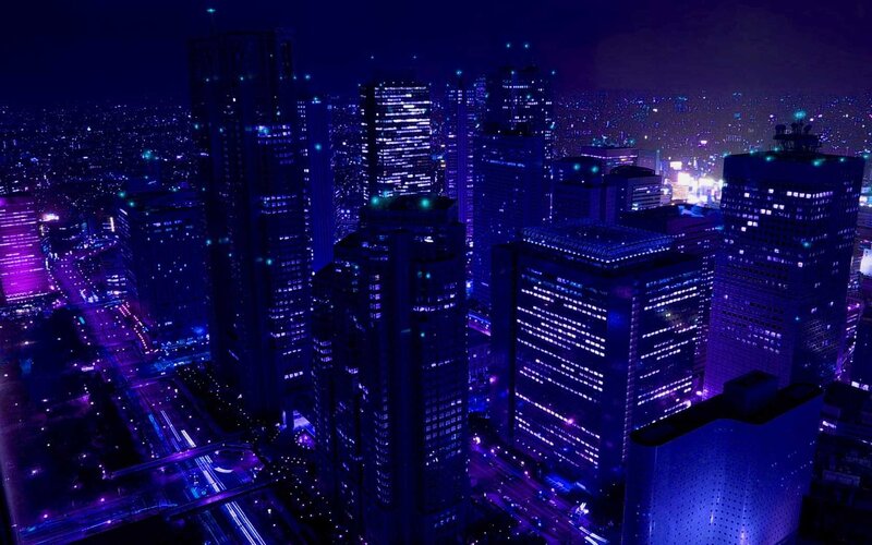 Nighttime City Skyline — Purple, Dark, Night