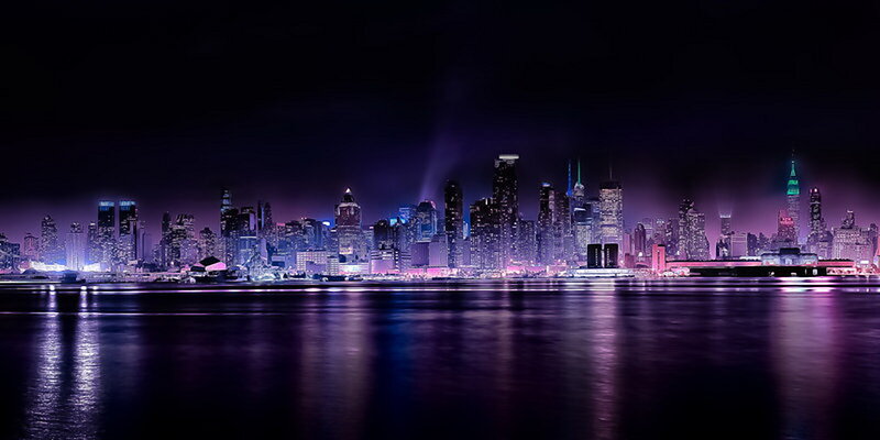 Nighttime City Skyline — Purple, Dramatic, Night