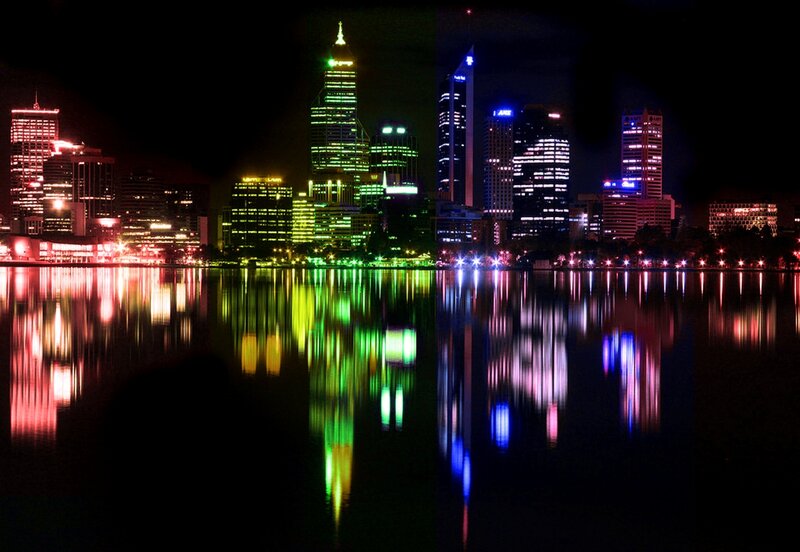nighttime city skyline reflection