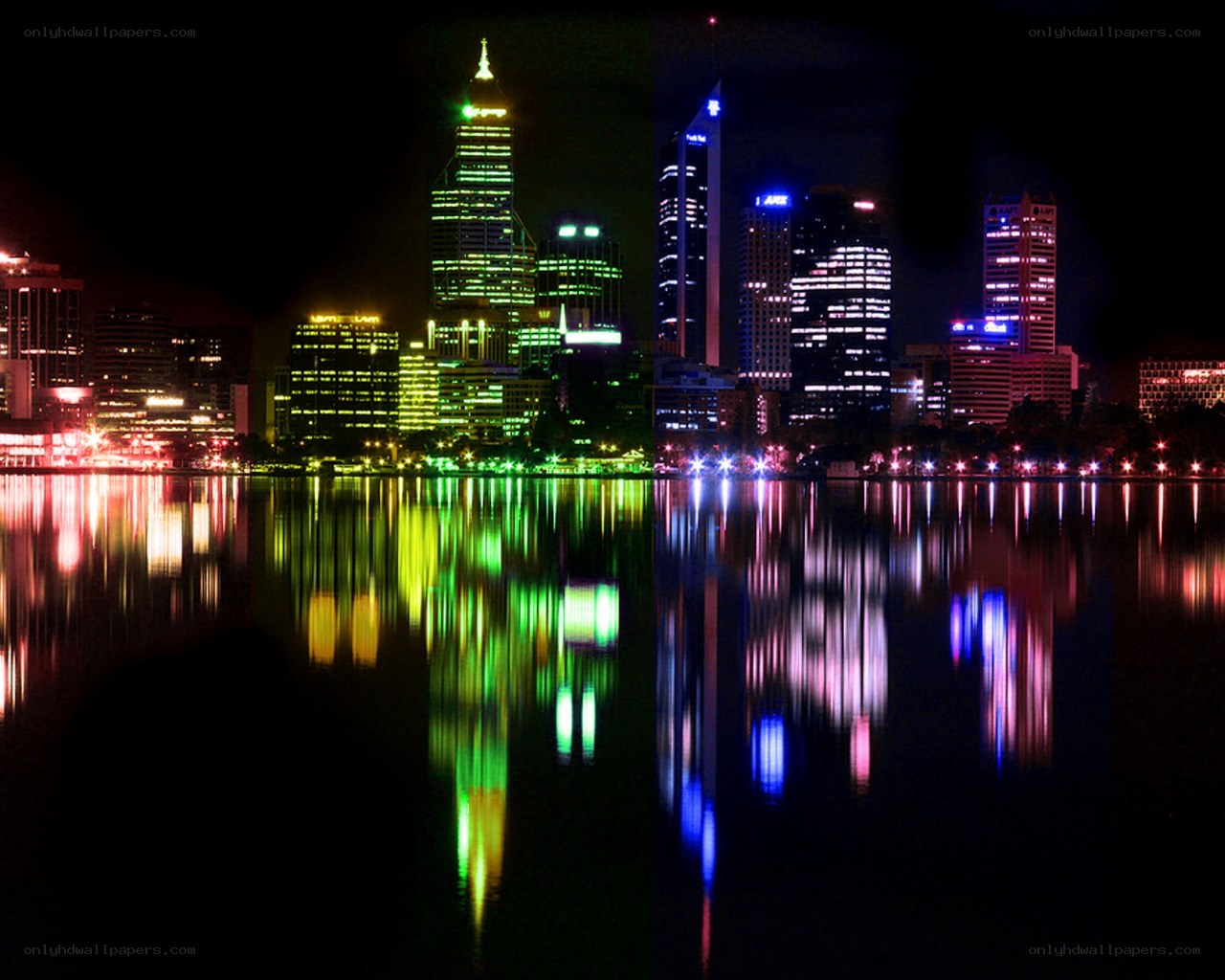 nighttime city skyline reflection
