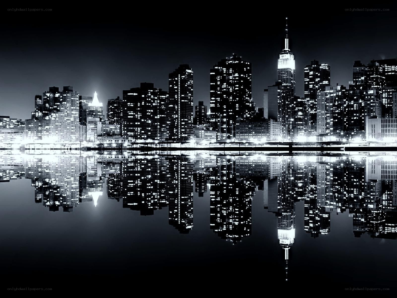 nighttime city skyline reflection
