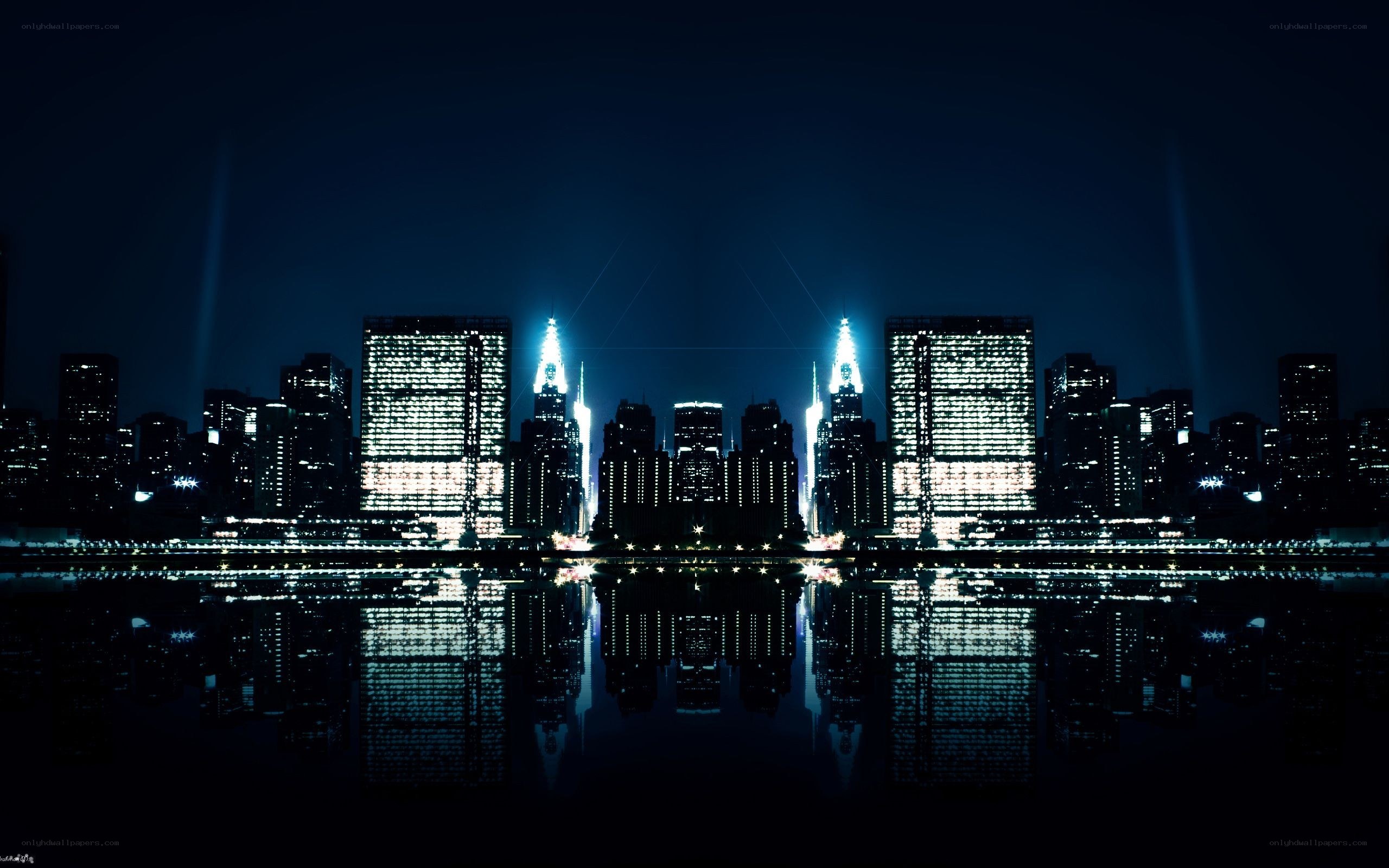 nighttime city skyline reflection