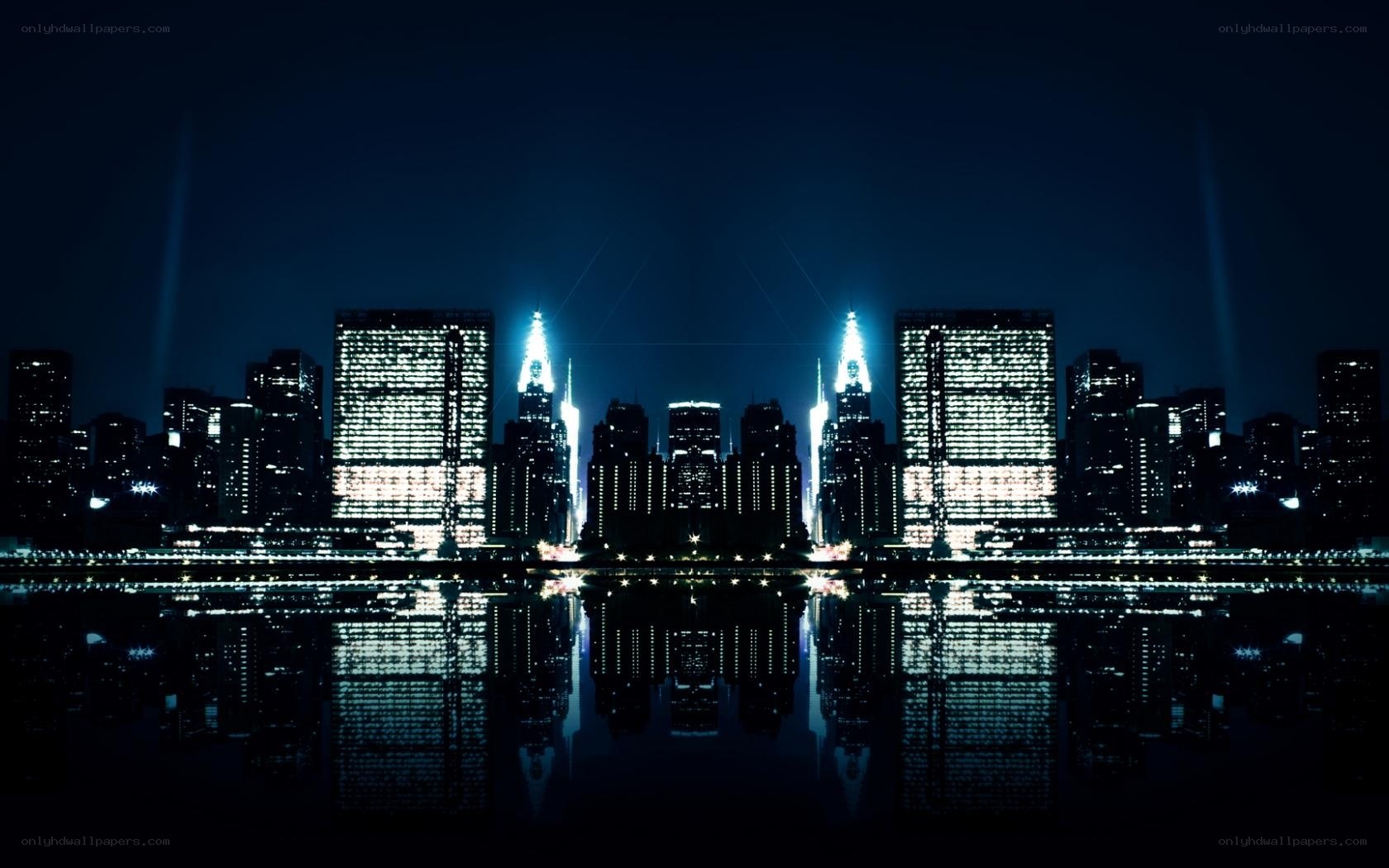 nighttime city skyline reflection