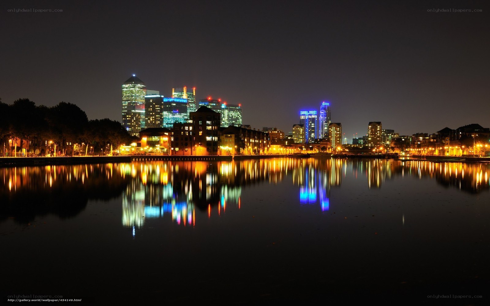 nighttime city skyline reflection