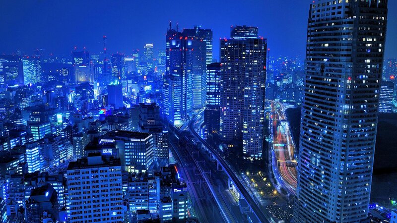 Nighttime City Skyline — Train Tracks