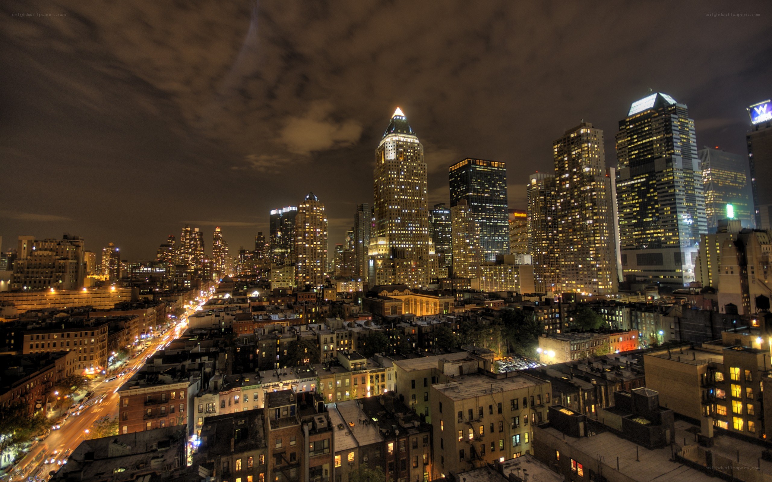 Nighttime city skyline view