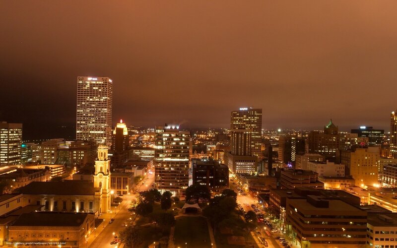 Nighttime city skyline view