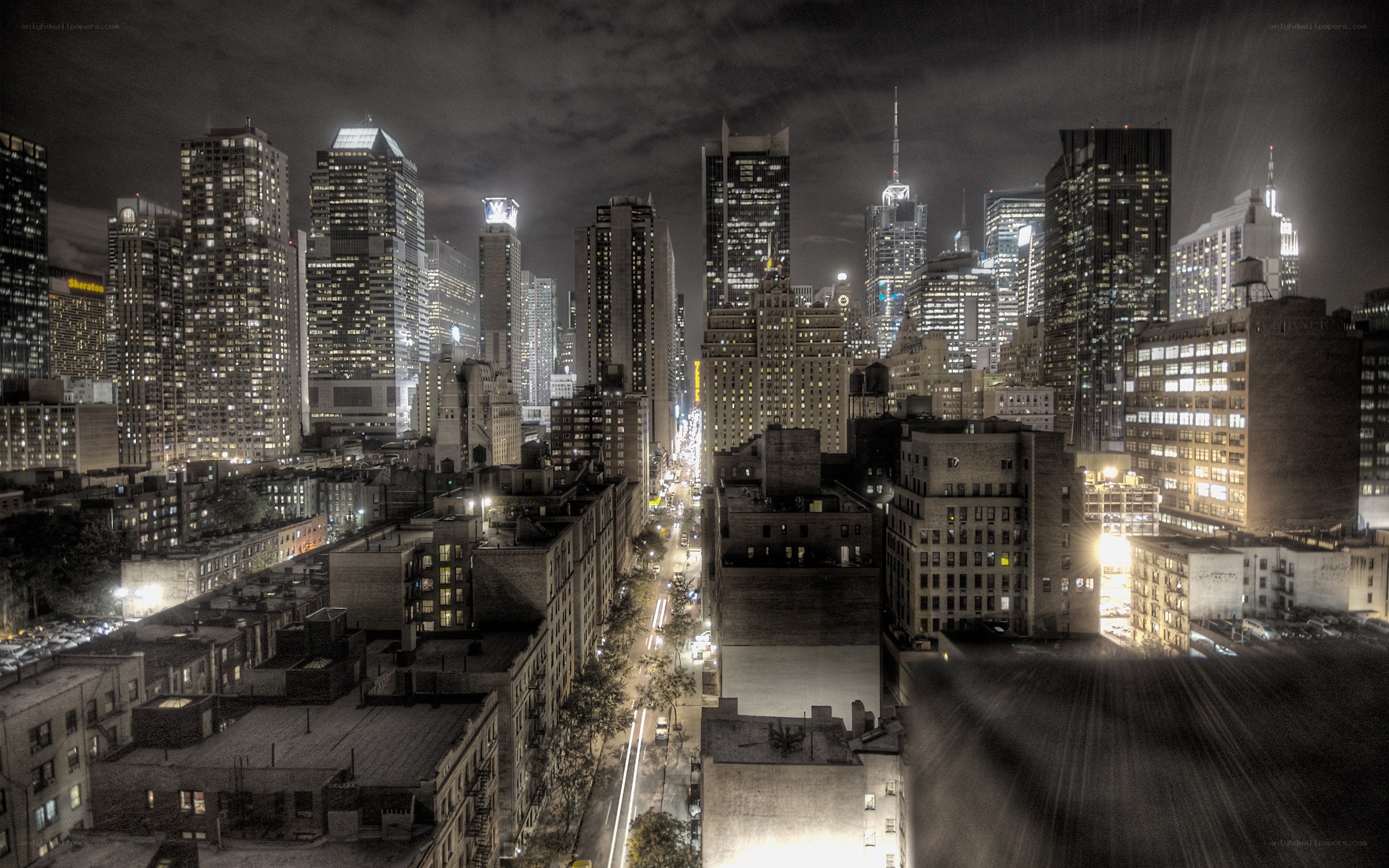 Nighttime city skyline view
