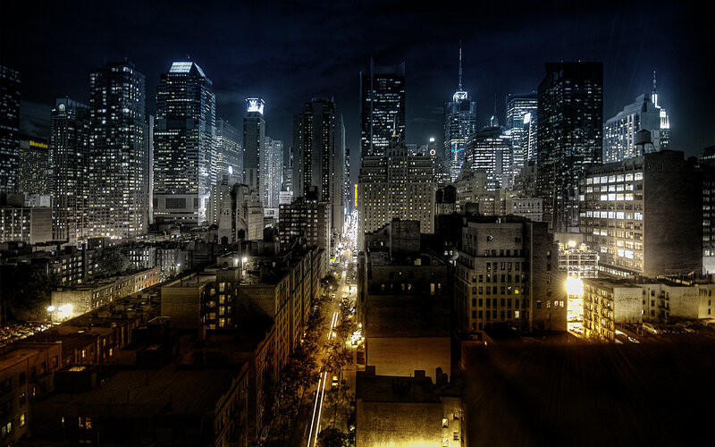 Nighttime city skyline view