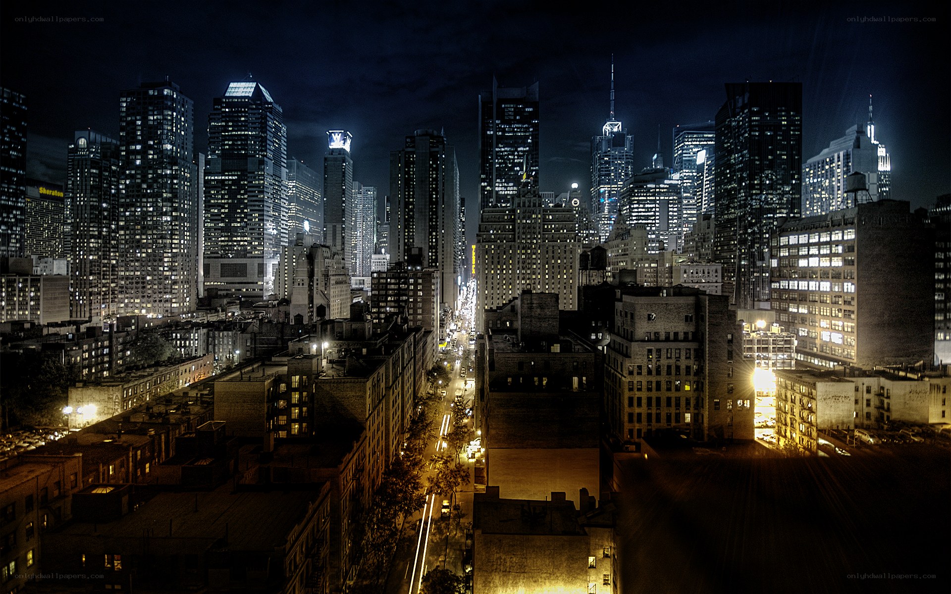 Nighttime city skyline view