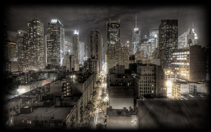 nighttime city skyline view