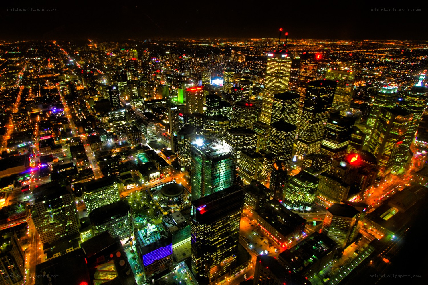 Nighttime city skyline view