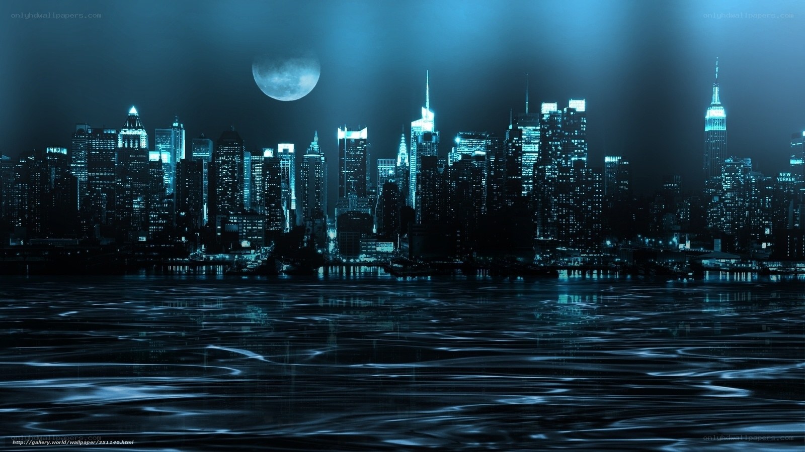 nighttime city skyline with moon