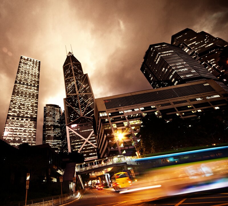 Nighttime city skyline with motion blur