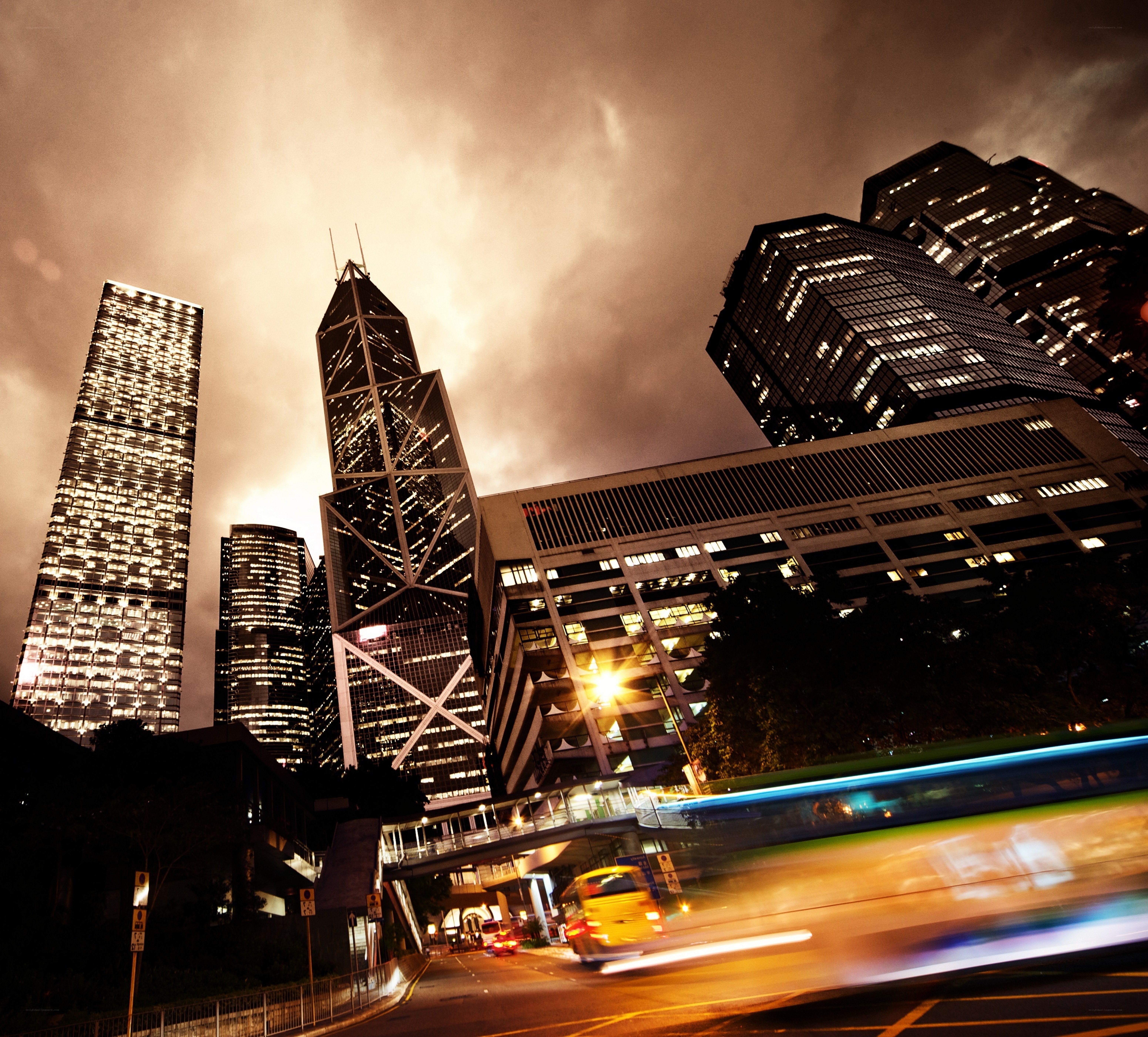 Nighttime city skyline with motion blur