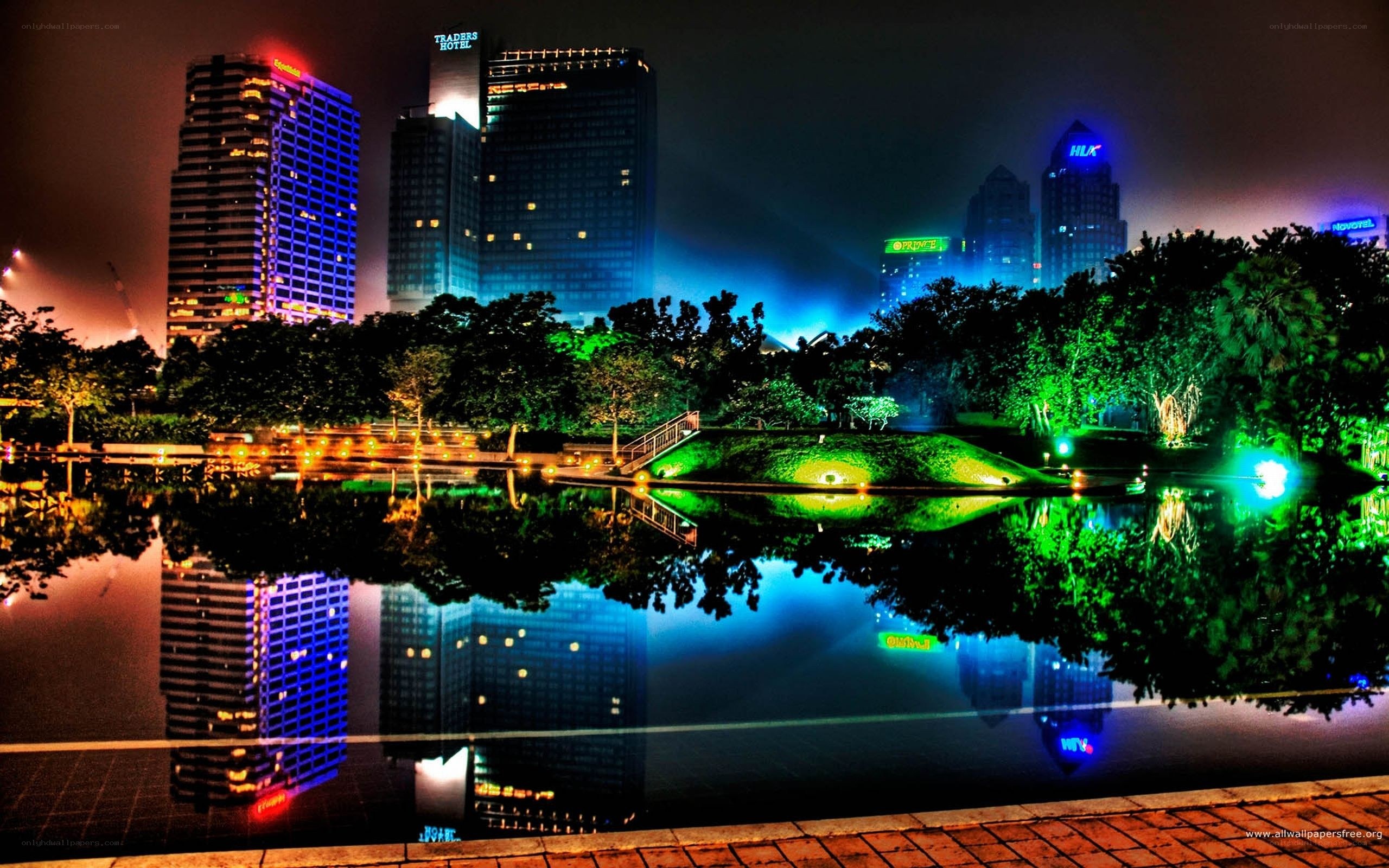 nighttime city skyline with reflections