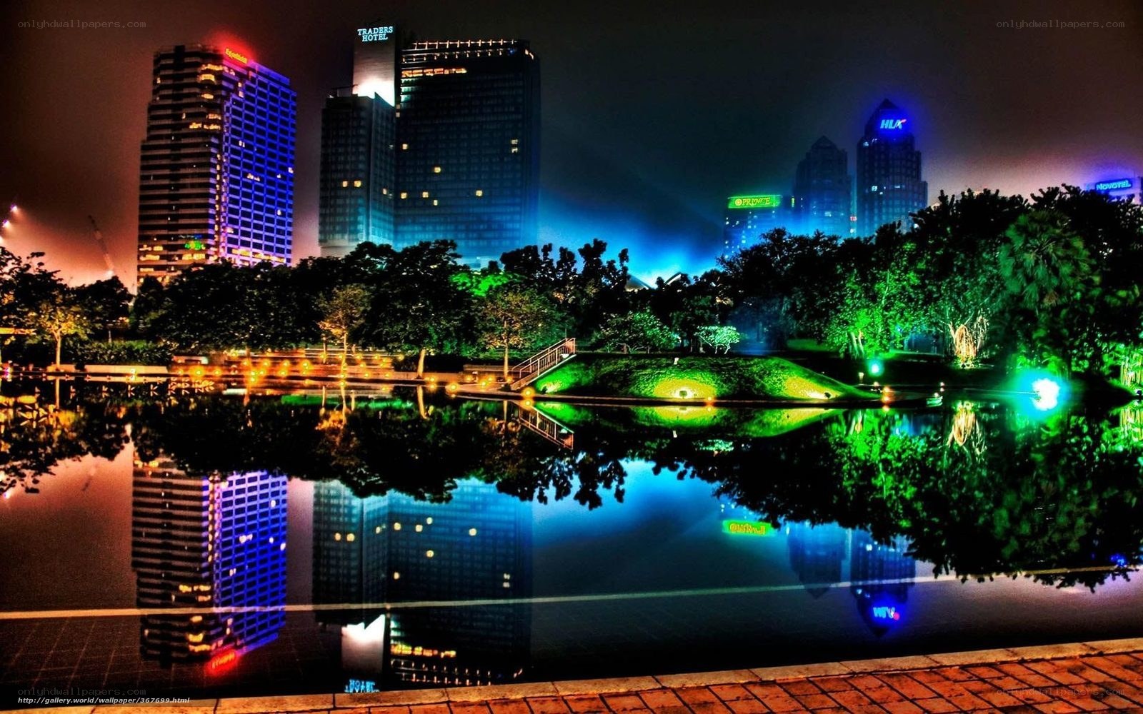 nighttime city skyline with reflections