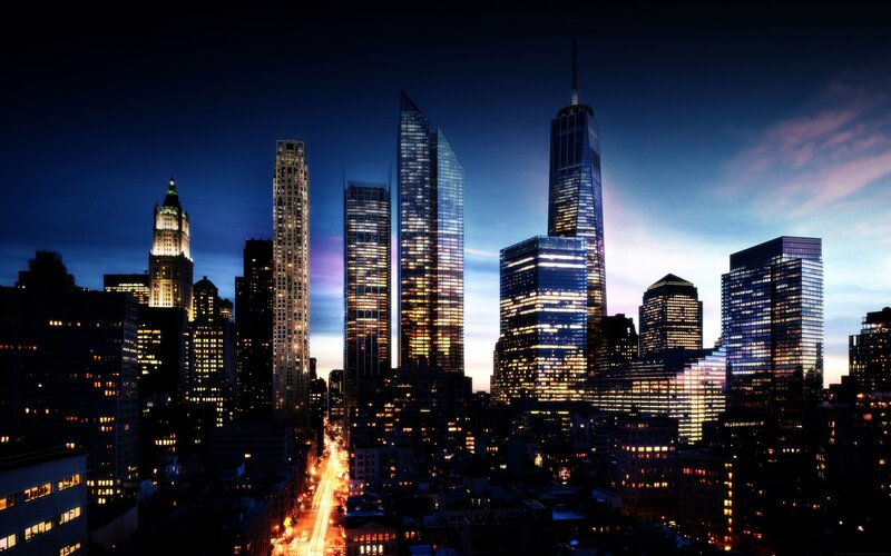 Nighttime city skyline with skyscrapers