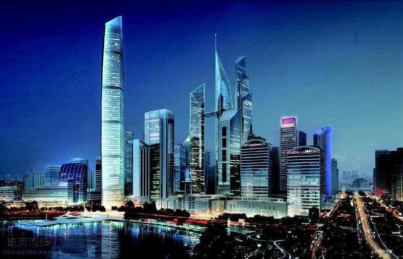 Nighttime city skyline with skyscrapers