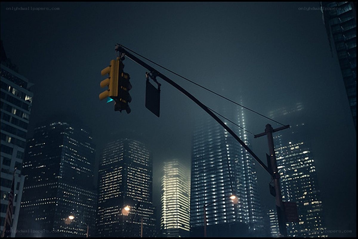 nighttime city skyline with traffic light