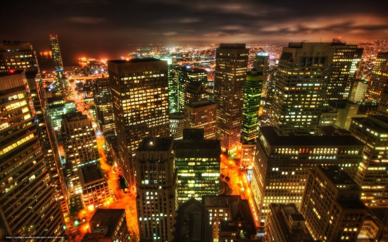 Nighttime City Skyline — Yellow, Dramatic, Night, Photograph, Skyscrapers, Streets, Lights