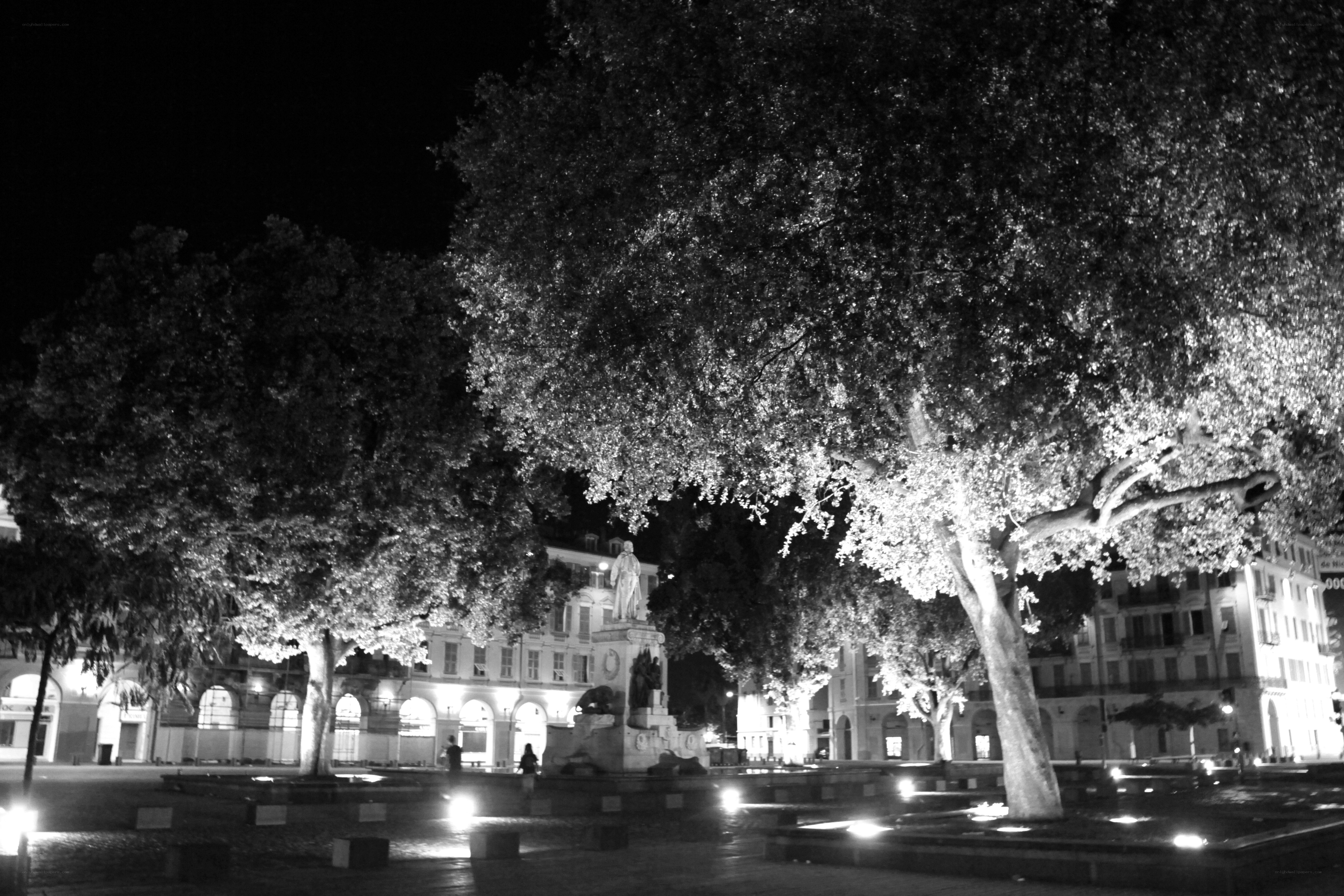 nighttime city square with statue