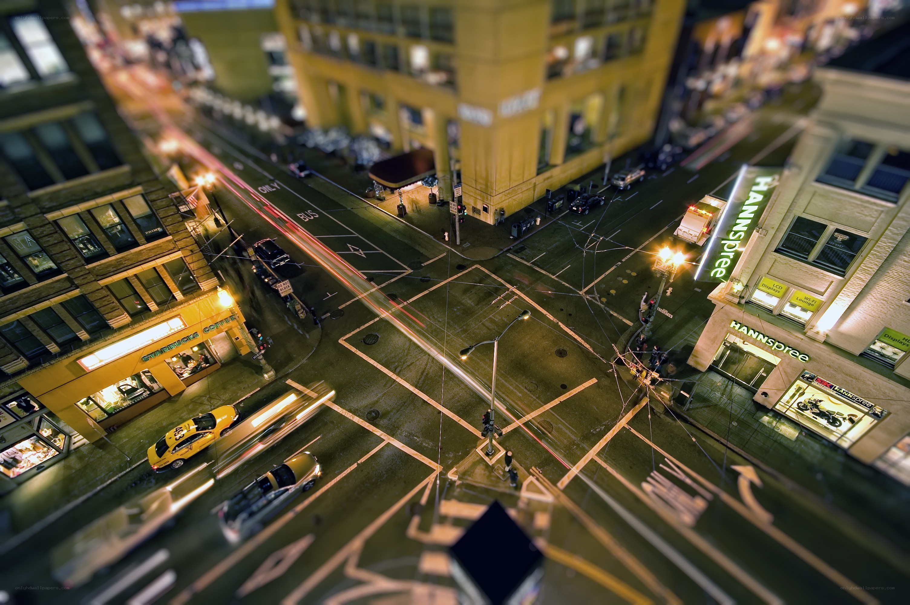 Nighttime city street at intersection