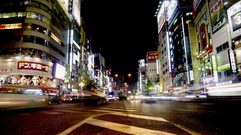 Nighttime City Street — Black, Busy, Night, Photograph, Buildings, Cars