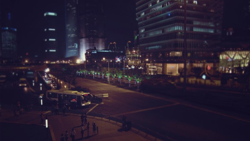 Nighttime City Street — Black, Dark, Night, Photograph, Buildings, Bus
