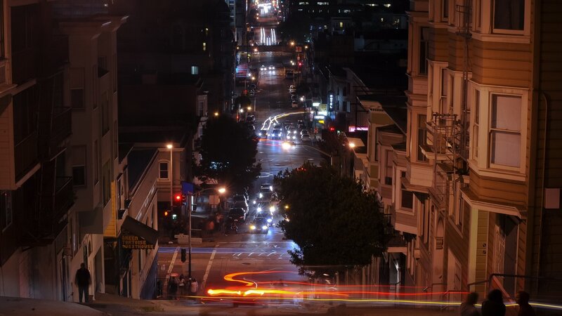 Nighttime City Street — Black, Dark, Night, Photograph, Cars, Buildings, Streetlights, Yellow