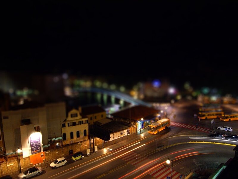 Nighttime City Street — Black, Dark, Night, Photograph, Cars, Bus, Bridge