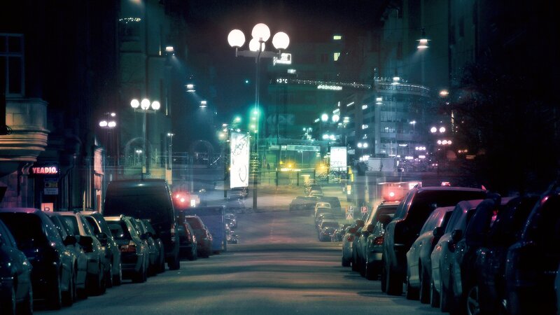 Nighttime City Street — Black, Dark, Night, Photograph, Cars, Streetlights