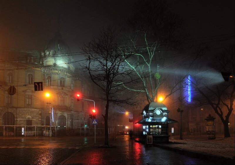 Nighttime City Street — Black, Dark, Night, Photograph
