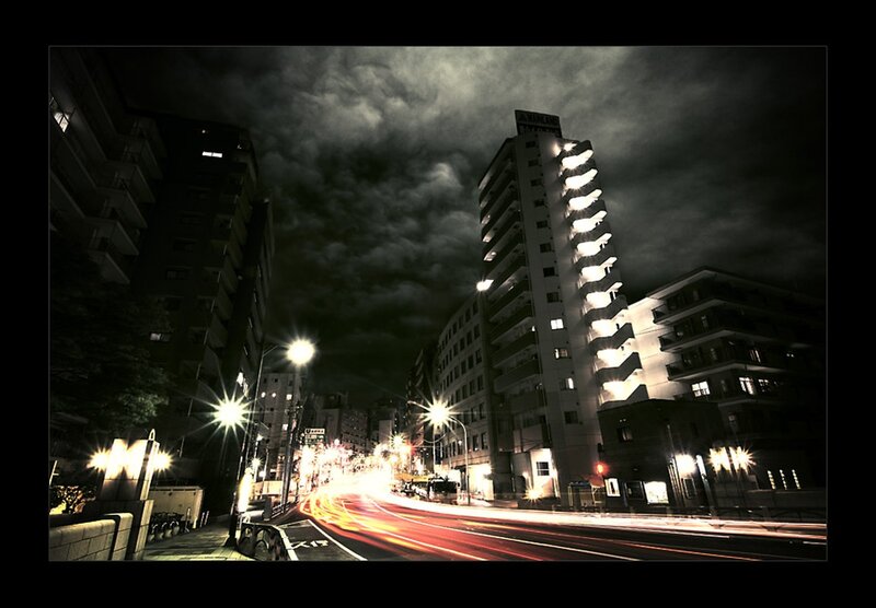 Nighttime City Street — Black, Dramatic, Night, Photograph, Buildings, Streetlights