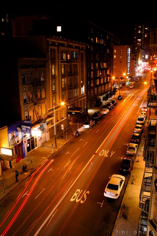Nighttime City Street — Black, Dramatic, Night, Photograph, Cars, Buildings, Streetlights