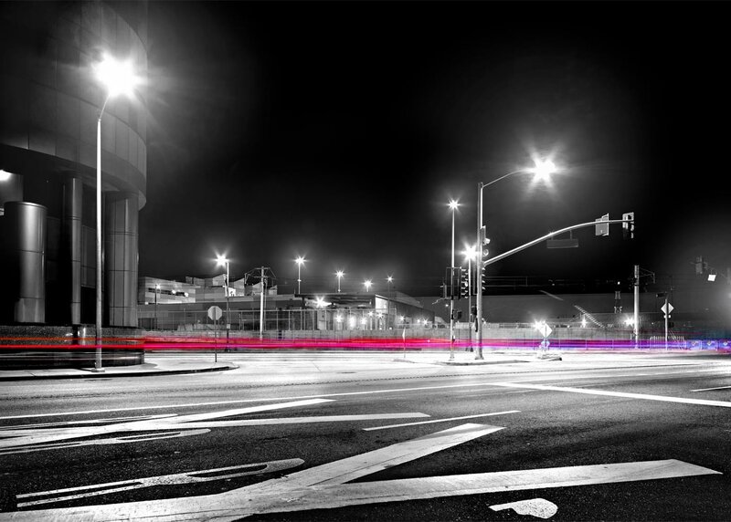 Nighttime City Street — Black, Dramatic, Night, Photograph, Streetlights, Traffic Lights