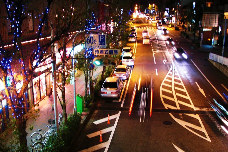 Nighttime City Street — Blue, Busy, Night, Photograph