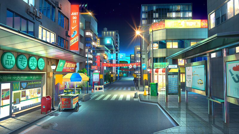 Nighttime City Street — Blue, Calm, Night, Digital Art, Buildings