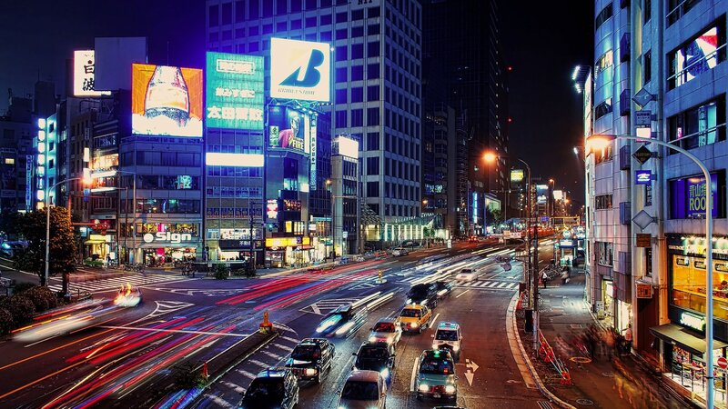 Nighttime City Street — Blue, Dramatic, Night, Photograph, Buildings