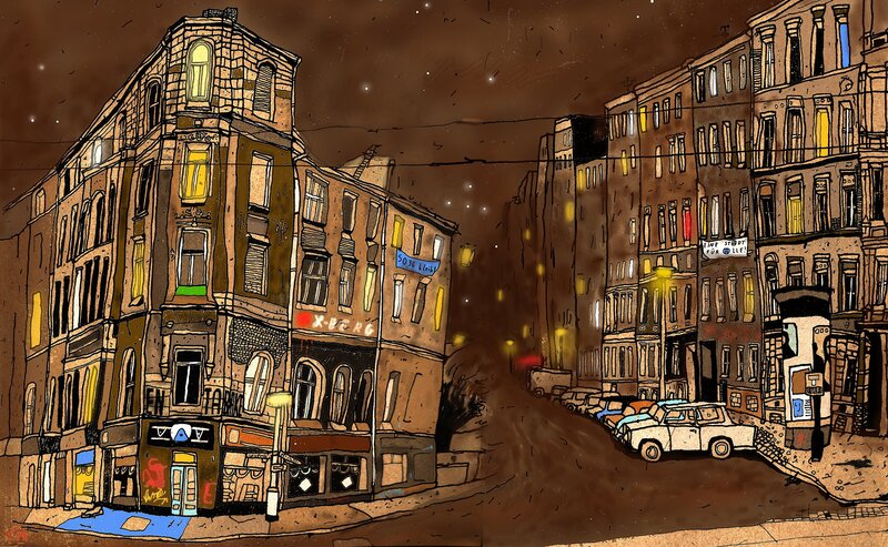 Nighttime City Street — Brown, Dramatic, Night, Illustration