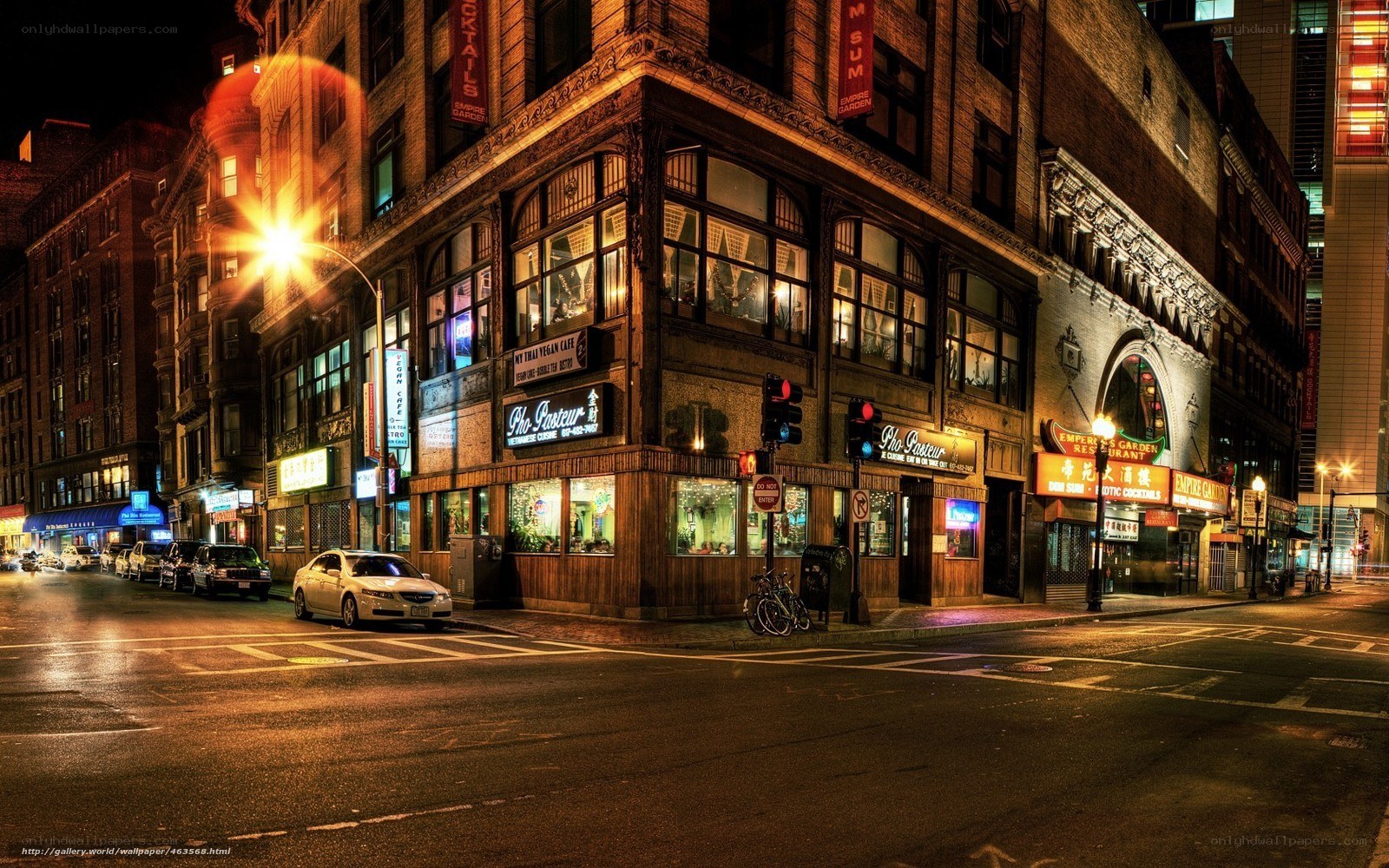 Nighttime city street corner