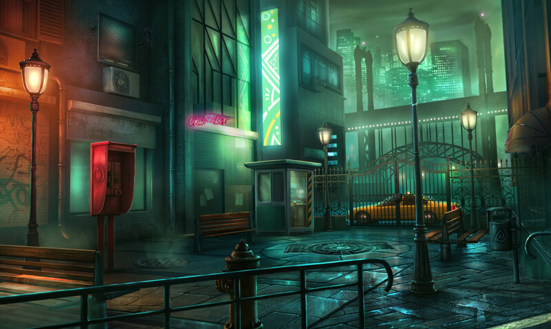 Nighttime City Street — Green, Moody