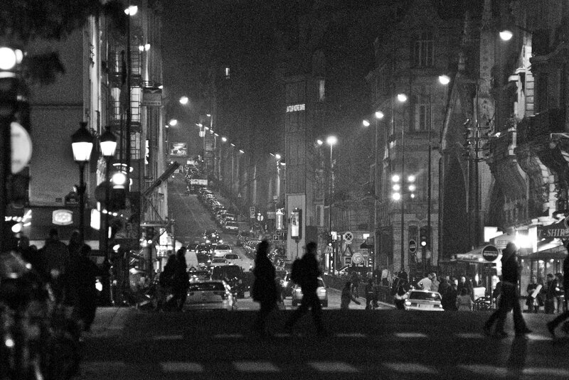 Nighttime city street scene