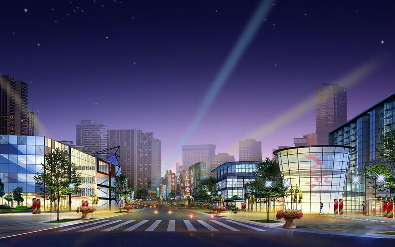 nighttime city street scene