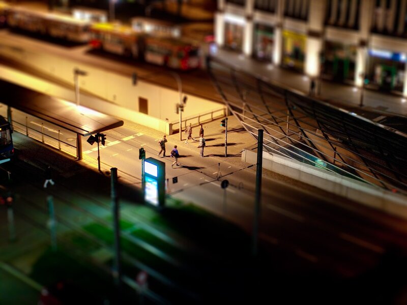 Nighttime city street scene