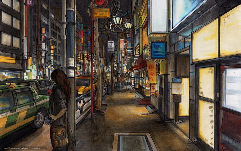 nighttime city street scene
