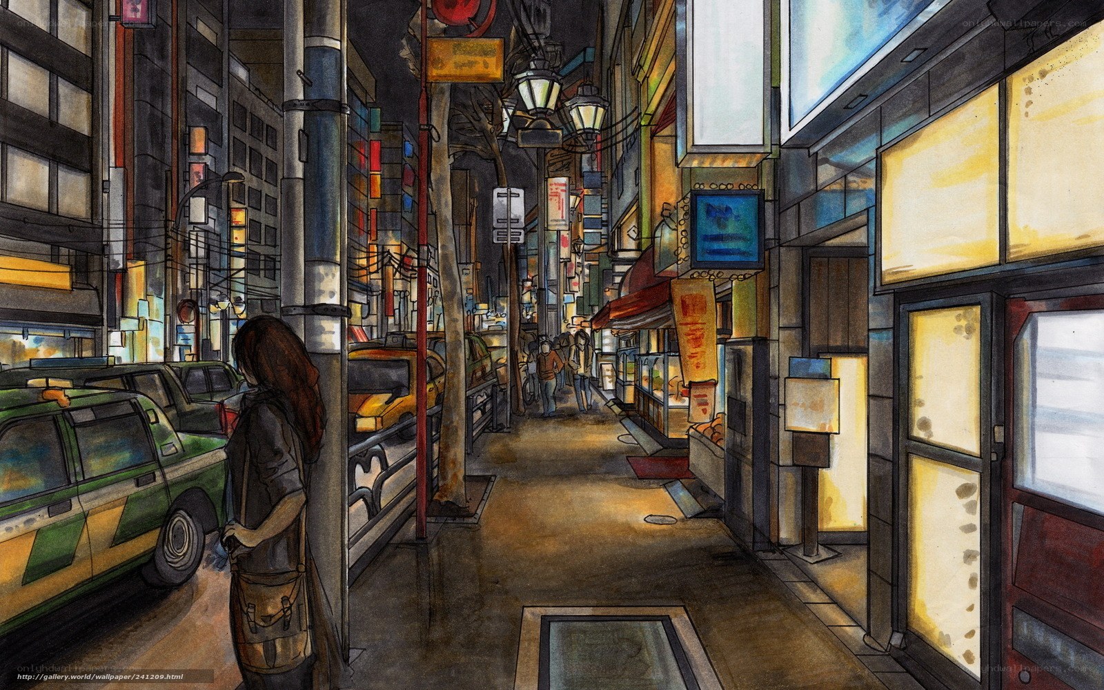nighttime city street scene